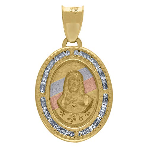 Image Title 10kt Tri-Color Gold Unisex Cubic Zirconia CZ Religious Oval Charm Pendant