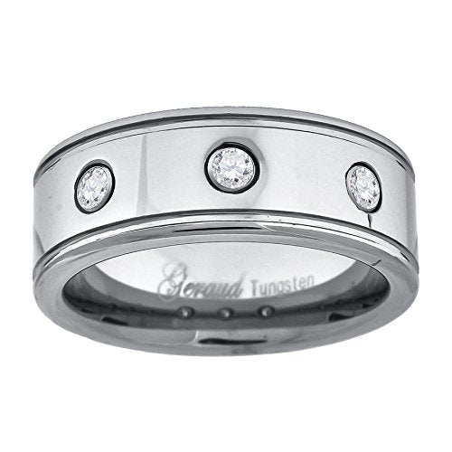 Image Title Tungsten CZ Offset Grooves Polished Mens Comfort-fit 8mm Size-7 Wedding Anniversary Band