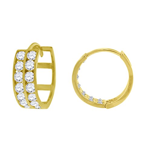 Image Title 14kt Yellow Gold Unisex Two Row CZ Huggie Hoop 12.1mm x 4.5mm Endless Closure Earrings