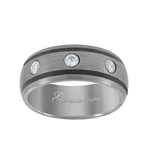 Image Title Tungsten Triple CZ Centered Comfort-fit 7mm Size-10.5 Mens Wedding Band with Two Black Lines on Edges