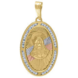 Image Title 10kt Tri-Color Gold Unisex Cubic Zirconia CZ Religious Oval Charm Pendant