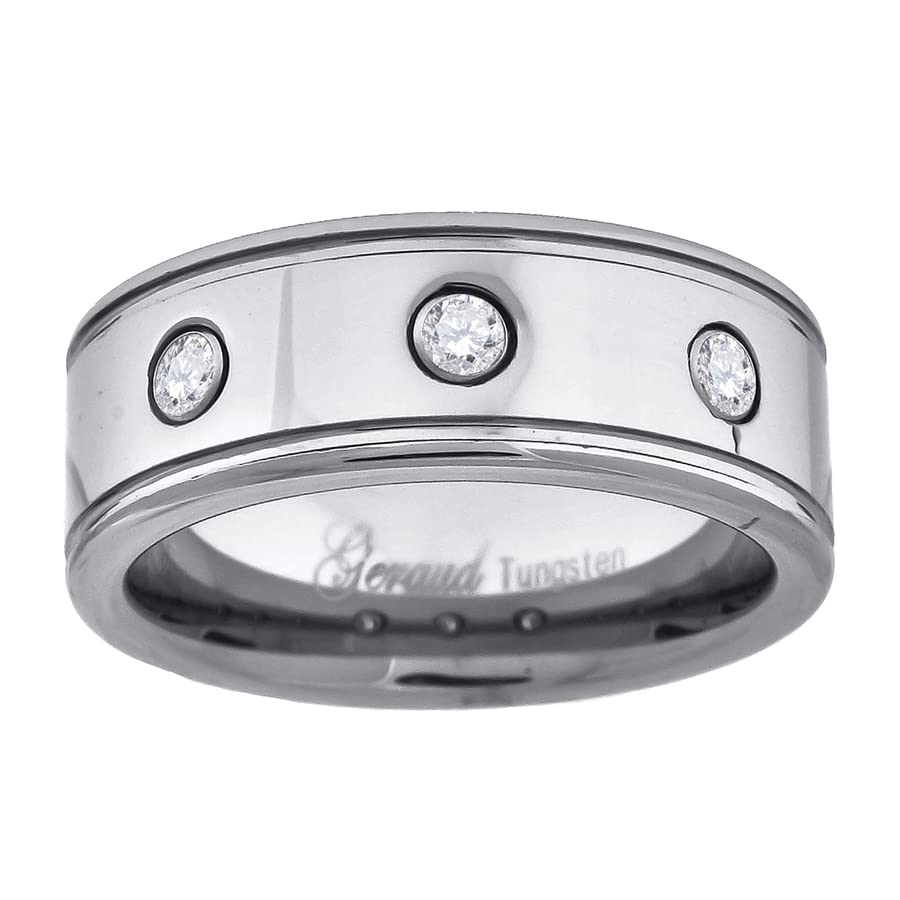 Image Title Tungsten CZ Offset Grooves Polished Mens Comfort-fit 8mm Sizes 7 - 14 Wedding Anniversary Band
