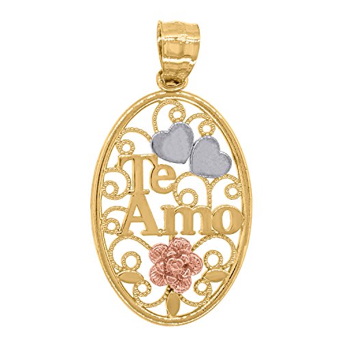 Image Title 14kt Gold Womens Tri-color Te Amo Flower Heart Oval Ht:29.3mm Pendant Charm