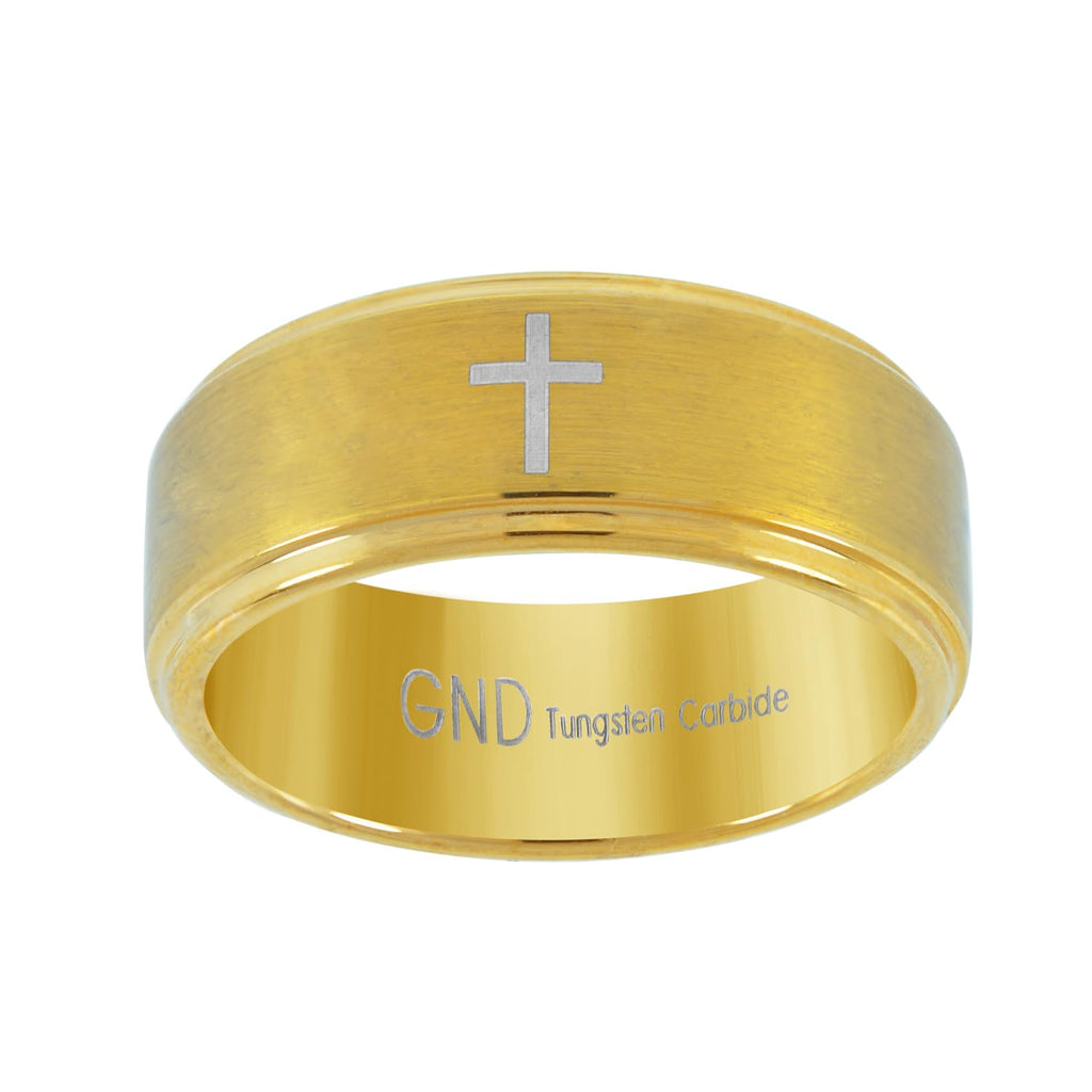 Image Title Tungsten Gold-tone Center Bushed Cross Step Edges Mens Comfort-fit 8mm Size-10 Wedding Anniversary Band