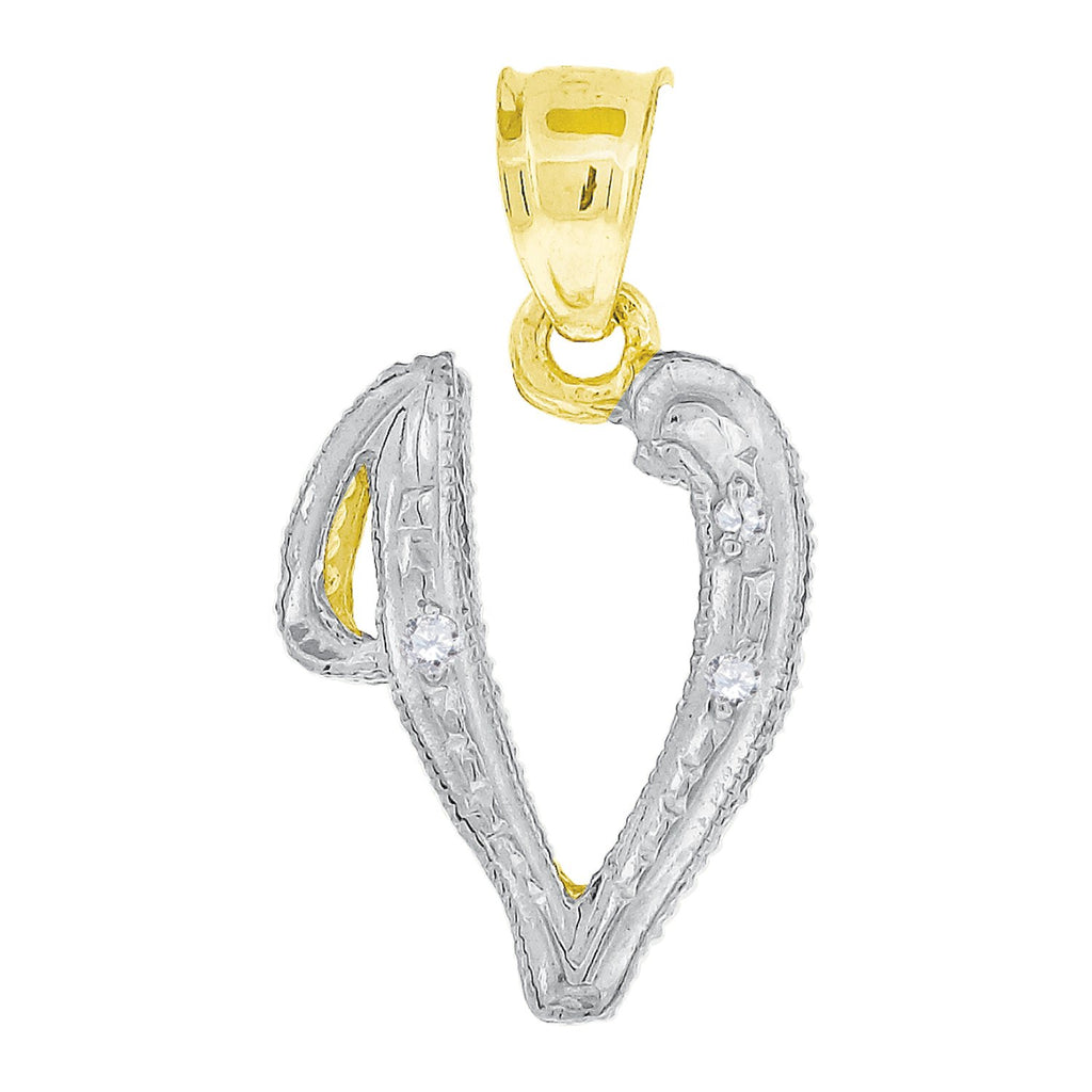 Image Title 10kt Gold Two Tone DC CZ Unisex V Ht:20.7mm x W:11.7mm Initial Charm Pendant
