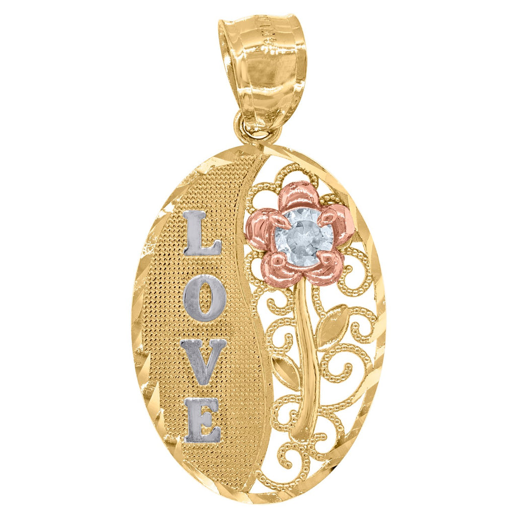 Image Title 14kt Gold Womens Tri-color DC CZ Love Flower Oval Ht:29.6mm Pendant Charm