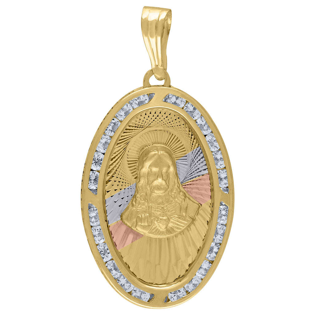Image Title 10kt Tri-Color Gold Unisex Cubic Zirconia CZ Religious Oval Charm Pendant