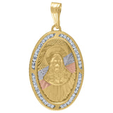 Image Title 10kt Tri-Color Gold Unisex Cubic Zirconia CZ Religious Oval Charm Pendant