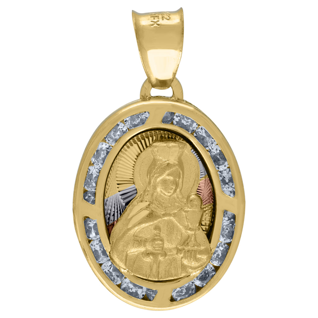 Image Title 10kt Tri-Color Gold Unisex Cubic Zirconia CZ Saint Barbara Religious Oval Charm Pendant