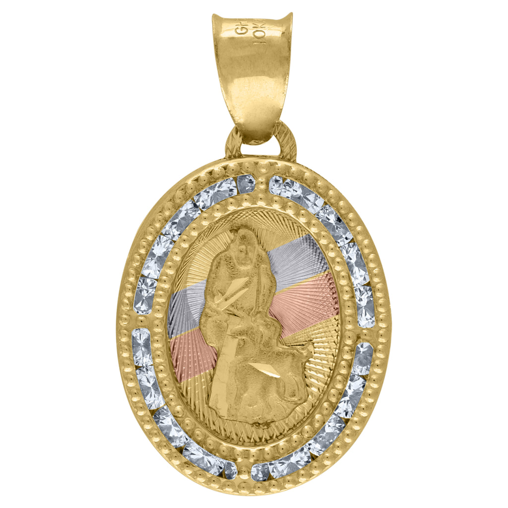 Image Title 10kt Tri-Color Gold Unisex Cubic Zirconia CZ Religious Oval Charm Pendant
