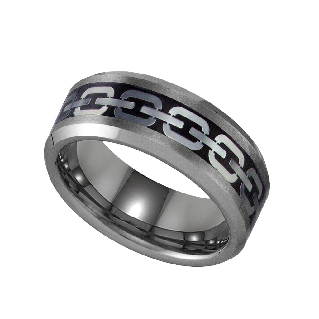 Image Title Tungsten Comfort-Fit 8mm Size-9 Mens Wedding Band with Chain Design Inlay