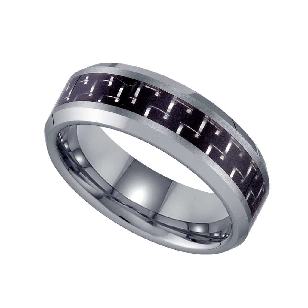 Image Title Tungsten Carbon Fiber Inlay Beveled Edges Mens Comfort-fit 8mm Sizes 7 - 14 Wedding Anniversary Band