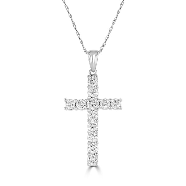 14K White Gold Round Diamond Cross Pendant with 18 inch Chain 0.88 Cttw 12 Stones