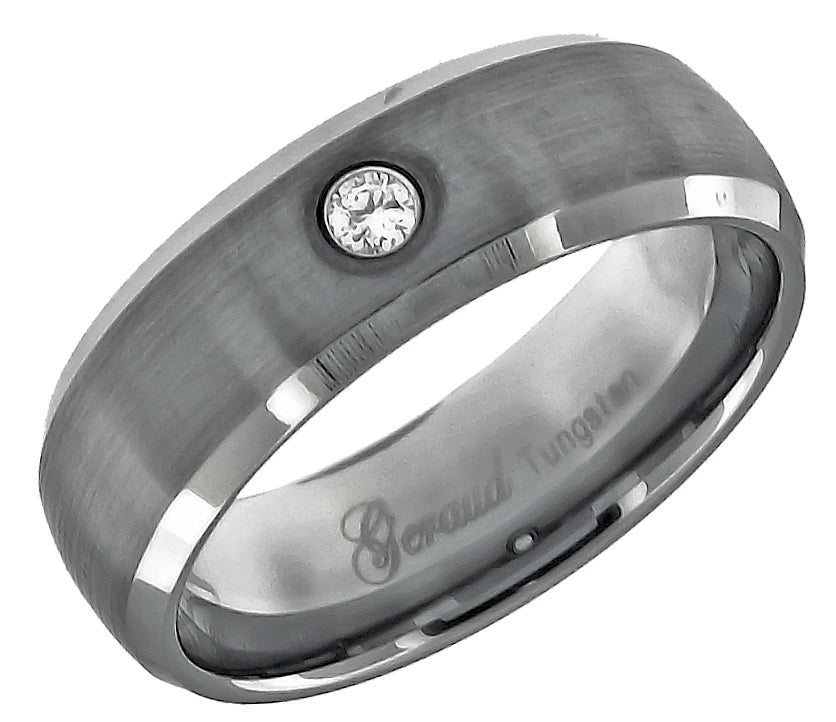Image Title Tungsten Mens CZ Center Brushed Beveled Edges Comfort-fit 8mm Sizes 7 - 14 Wedding Anniversary Band