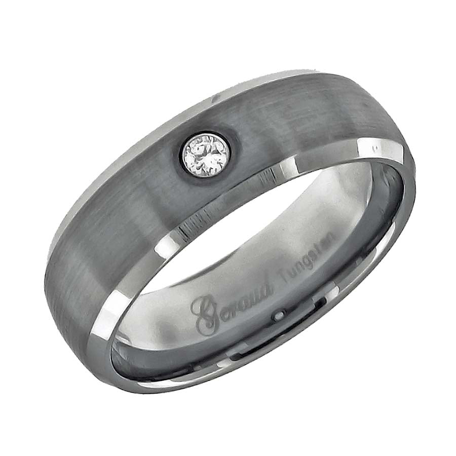 Image Title Tungsten Mens CZ Center Brushed Beveled Edges Comfort-fit 8mm Size-9.5 Wedding Anniversary Band