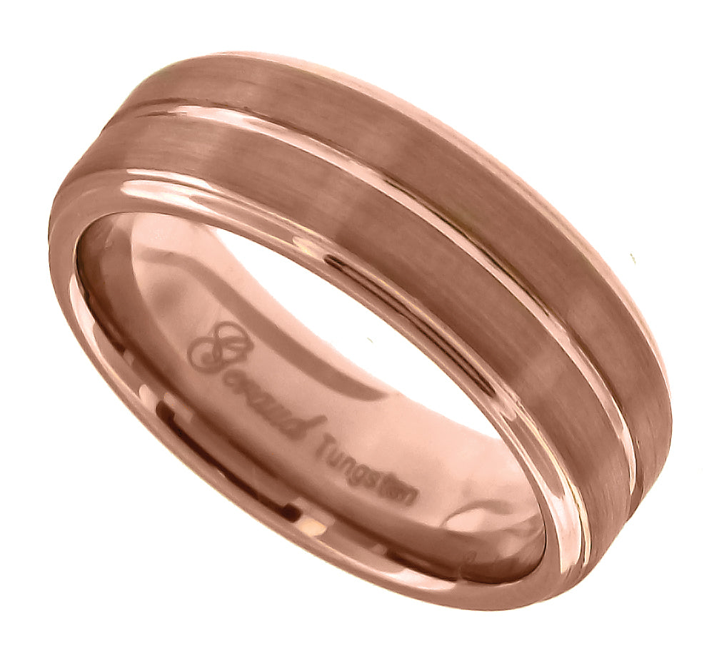 Image Title Tungsten Brushed Rose Gold-tone Comfort-fit 8mm Sizes 7 - 14 Mens Wedding Band with Inlay Groove