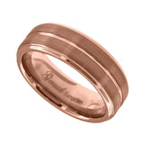 Image Title Tungsten Brushed Rose Gold-tone Comfort-fit 8mm Size-9 Mens Wedding Band with Inlay Groove