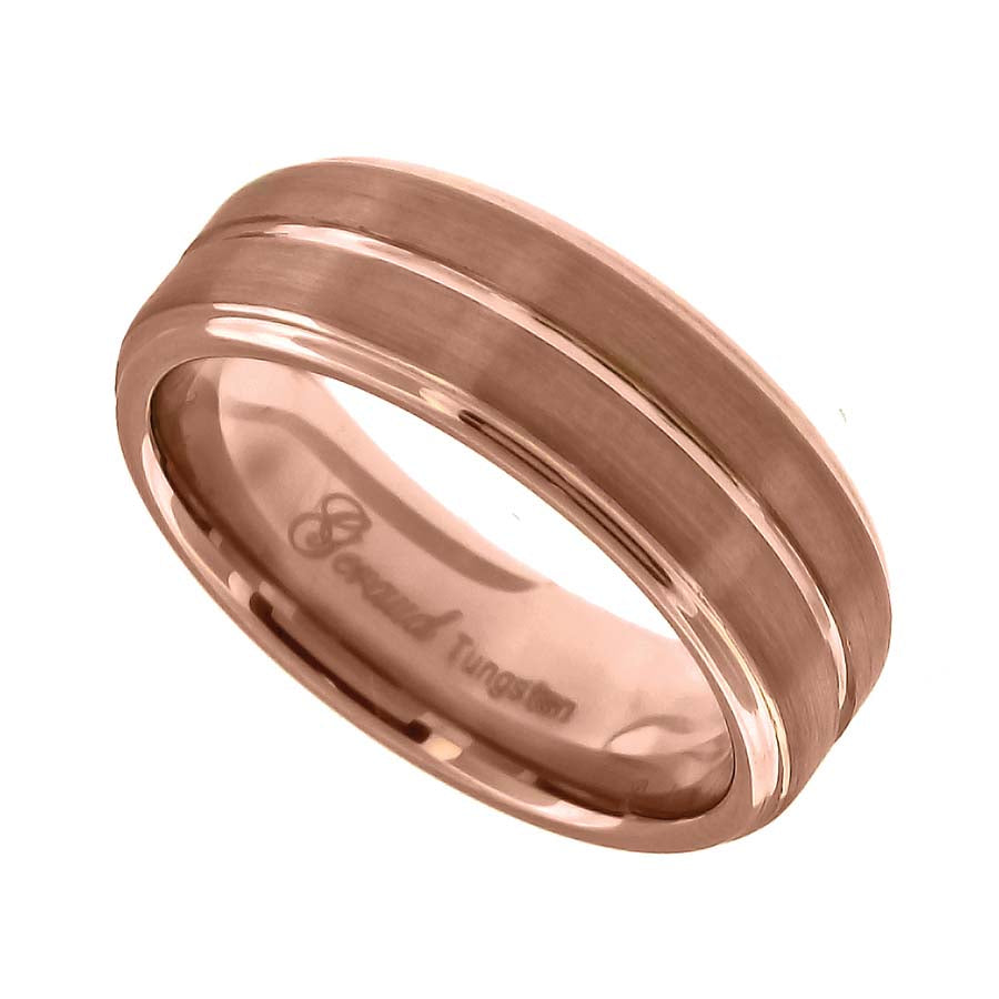 Image Title Tungsten Brushed Rose Gold-tone Comfort-fit 8mm Size-10.5 Mens Wedding Band with Inlay Groove