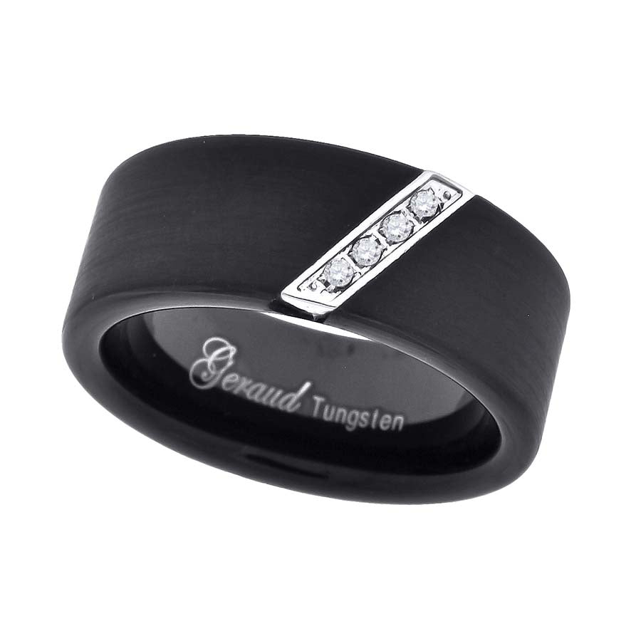 Image Title Tungsten Black Diagonal Line of CZ Brushed Flat Mens Comfort-fit 8mm Size-10 Wedding Anniversary Band