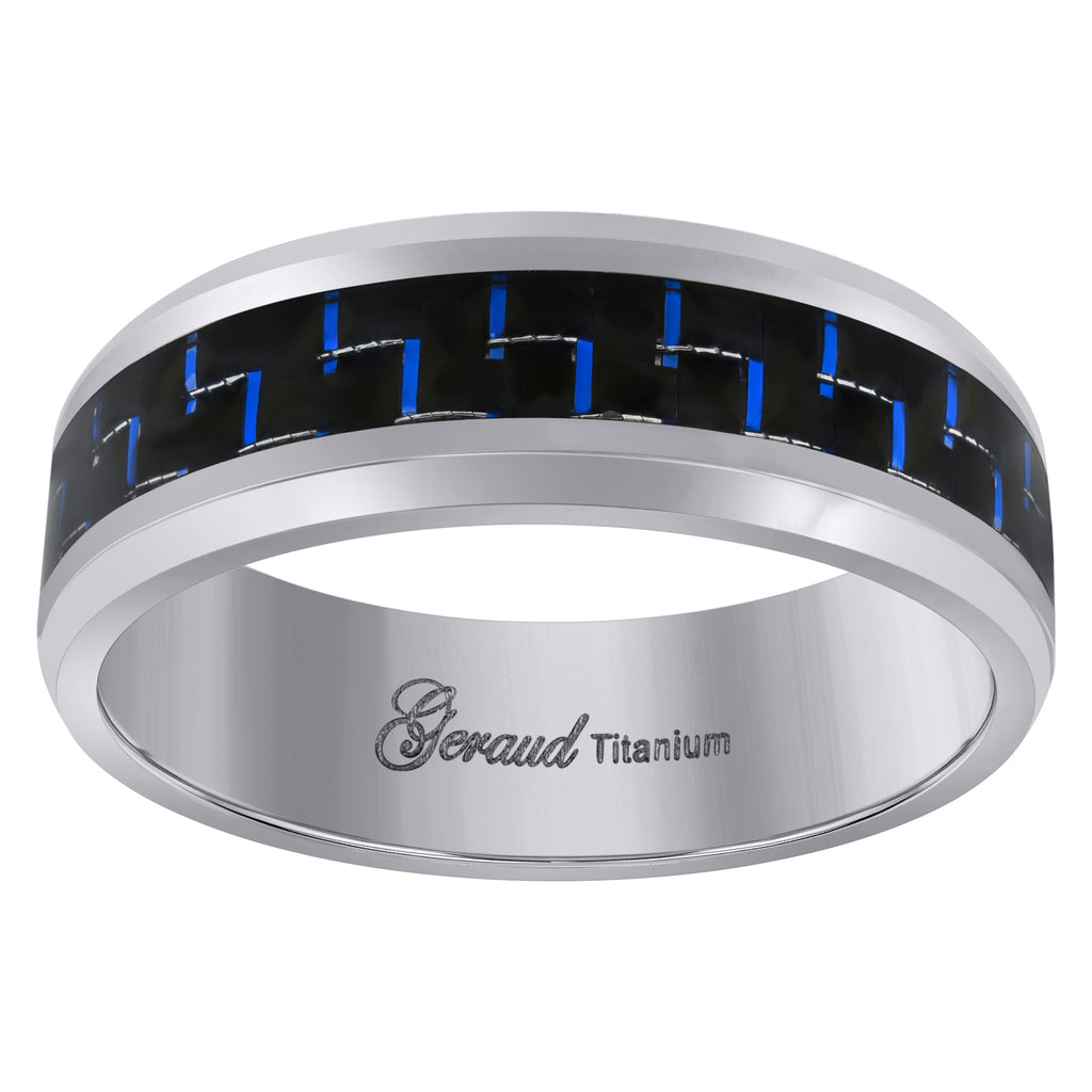 Image Title Titanium Mens Black And Blue Carbon Fiber Inlay Comfort Fit Wedding Band 8mm Size 11.5