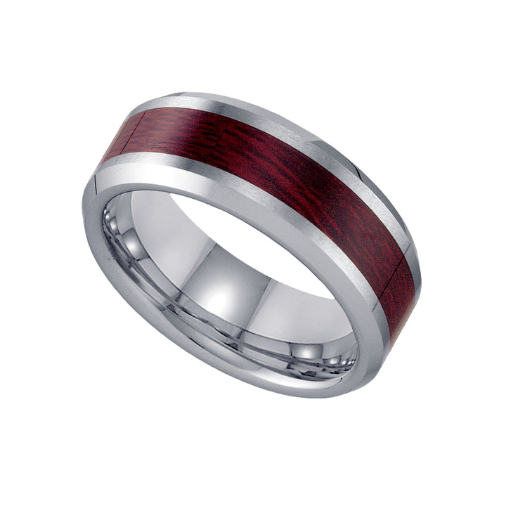 Tungsten Wooden Inlay Beveled Edges Mens Comfort-fit 8mm Size-10 Wedding Anniversary Band