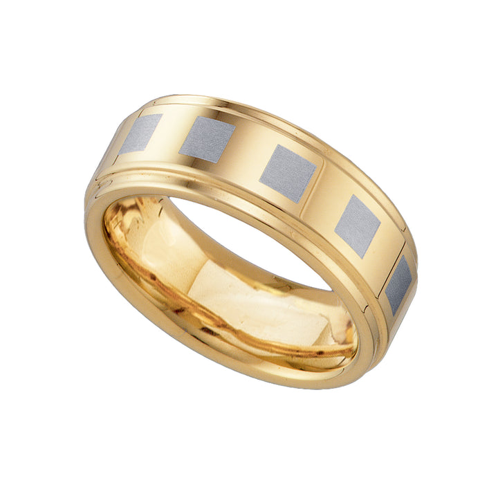 Tungsten Gold-tone Etched Box Pattern Step Edges Mens Comfort-fit 8mm Size-9 Wedding Anniversary Band