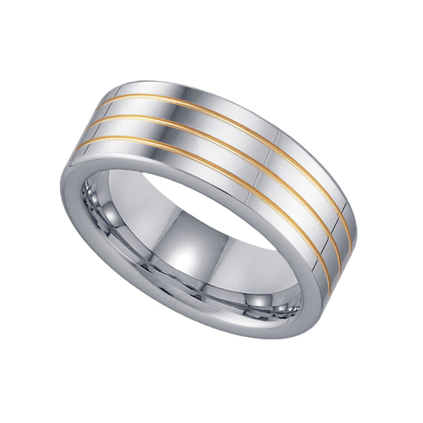 Tungsten Flat Comfort-fit 8mm Sizes 7 - 14 Mens Wedding Band with Triple Gold-tone Grooves