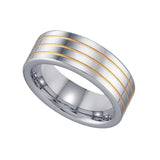 Tungsten Flat Comfort-fit 8mm Size-12 Mens Wedding Band with Triple Gold-tone Grooves