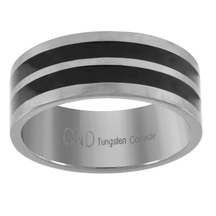 Tungsten Flat Silver-tone Mens Double Black Lines Mens Wedding Band Comfort-fit 8mm Size-8