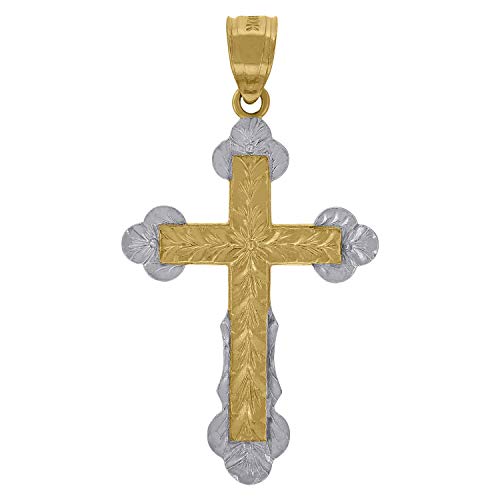 10kt Two-tone Gold Mens Women Floral Textured Budded Cross Religious Charm Pendant