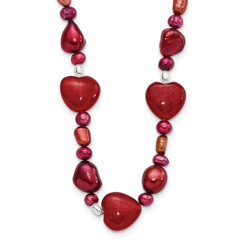 925 Sterling Silver Red Jade Hearts, Freshwater Cultured Pearl Bracelet