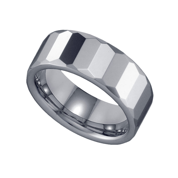 Tungsten Multi-facet Polished Mens Comfort-fit 8mm Size-7 Wedding Anniversary Band