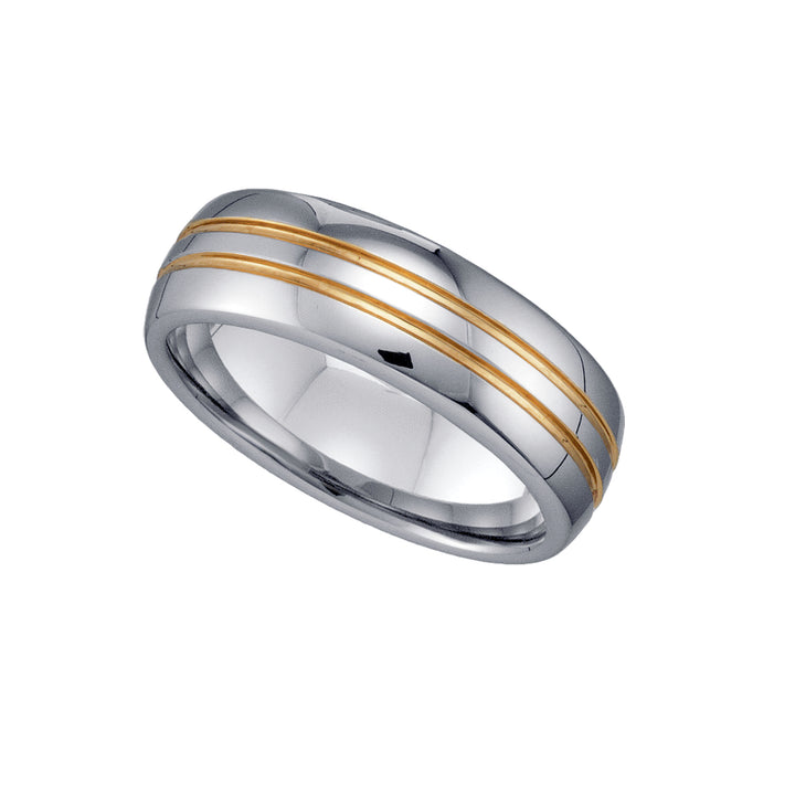 Tungsten Shiny Comfort-fit 7mm Size-13 Mens Wedding Band with 2 Gold-toned Grooves