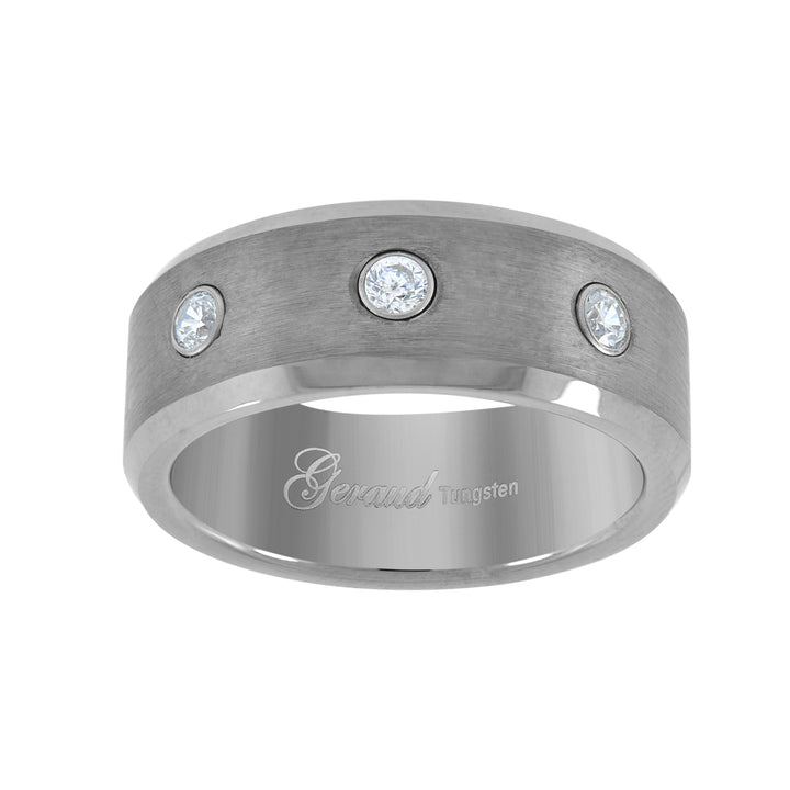 Tungsten CZ Center Brushed Beveled Edges Mens Comfort-fit 8mm Size-14 Wedding Anniversary Band