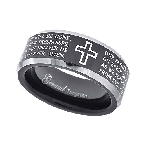 Tungsten Black Christian Cross with Prayer Comfort-fit 8mm Size-7 Mens Wedding Band with Beveled Edges