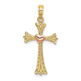 14k Gold Two-tone Textured Cross with  Heart Charm Pendant