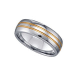 Tungsten Shiny Comfort-fit 7mm Sizes 7 - 14 Mens Wedding Band with 2 Gold-toned Grooves