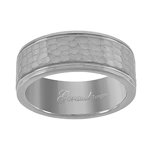 Tungsten Hammered Finish Center Dual Offset Grooves Mens Comfort-fit 8mm Size-14 Wedding Anniversary Band