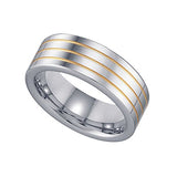 Tungsten Flat Comfort-fit 8mm Size-12 Mens Wedding Band with Triple Gold-tone Grooves