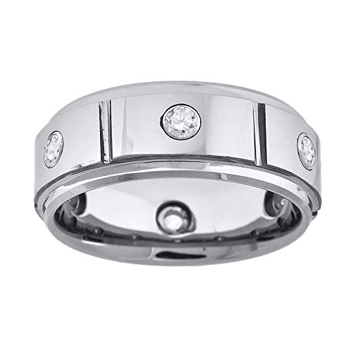 Tungsten Multi-Grooves CZ Inlay Comfort-fit 8mm Size-7 Mens Wedding Band