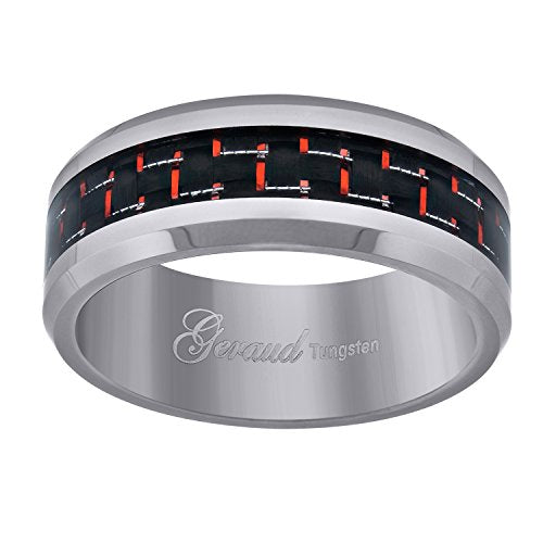 Tungsten Red Carbon Fiber Inlay Polished Beveled Edges Mens Comfort-fit 8mm Size-10.5 Wedding Anniversary Band