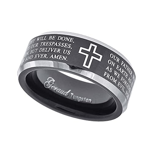 Tungsten Black Christian Cross with Prayer Comfort-fit 8mm Sizes 7 - 14 Mens Wedding Band with Beveled Edges