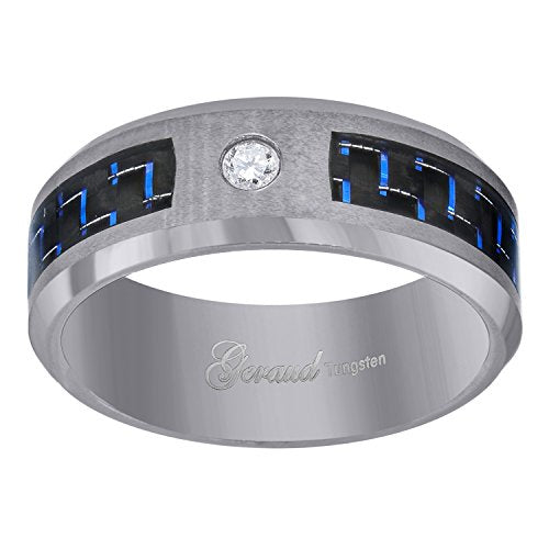 Tungsten CZ Blue Carbon Fiber Inlay Mens Comfort-fit 8mm Sizes 7 - 14 Wedding Anniversary Band