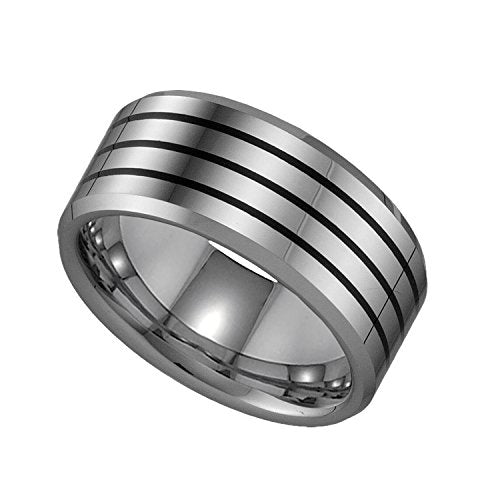 Tungsten Mens Black Lines Mens Wedding Band Comfort-Fit 9mm Size-8