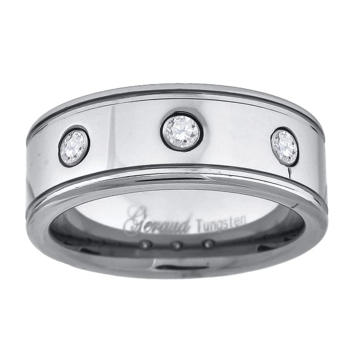Tungsten CZ Offset Grooves Polished Mens Comfort-fit 8mm Sizes 7 - 14 Wedding Anniversary Band