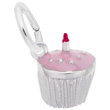 Rembrandt Charms 925 Sterling Silver Cupcake W/Candle & Pink Paint Charm Pendant