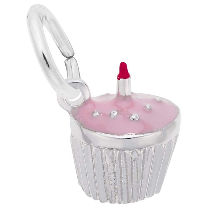 Rembrandt Charms Cupcake W/Candle & Pink Paint Charm Pendant Available in Gold or Sterling Silver