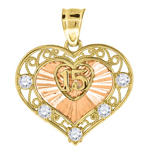 10kt Gold Two-tone CZ Womens 15 Anos Heart Ht:21.8mm x W:19.5mm Quinceanera Charm Pendant