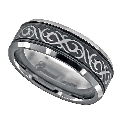 Tungsten Black Laser Engraved Celtic Design with Offset Grooves Mens Comfort-fit 8mm Size-9.5 Wedding Anniversary Band