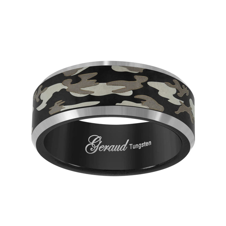 Tungsten Black Camouflage Military Beveled Edge Mens Comfort-fit 8mm Size-10.5 Wedding Anniversary Band